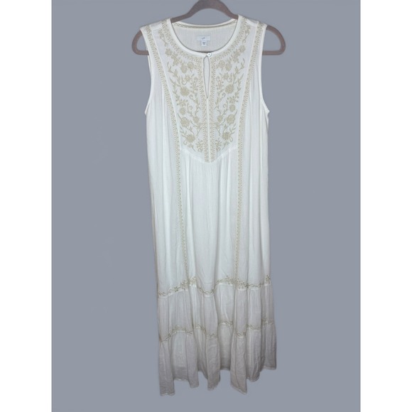 J. Jill Dresses & Skirts - J. Jill White Crinkle Gauze Embroidered Beaded Sleeveless Midi Dress Womens XS